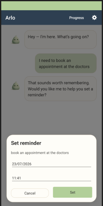 Smart Reminders screen in Arlo